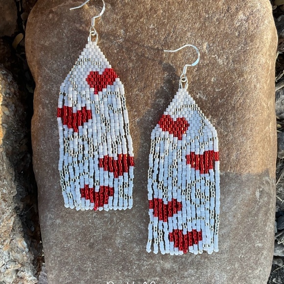 Red Hearts with Silver Scroll Beaded Earrings, New, Handmade by Me - Picture 7 of 11
